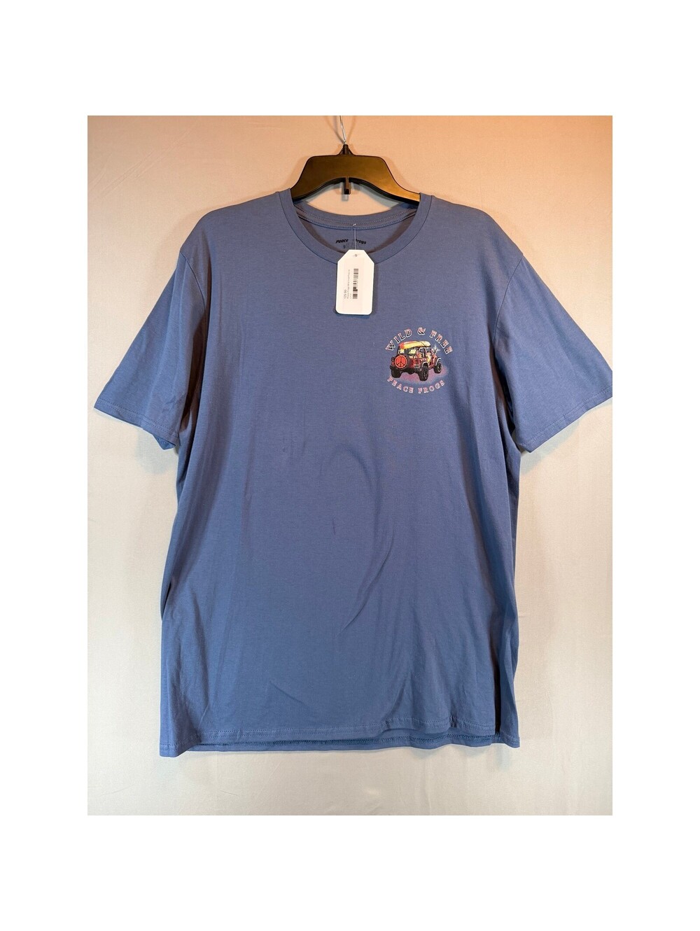 Peace Frogs Wild And Free Blue Graphic T-Shirt Mens Large Jeep Surfboard NWT